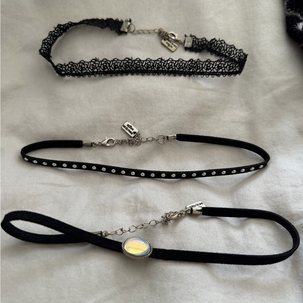 Set of 3 Black Chokers — Lace, Studded, and Opal Pendant